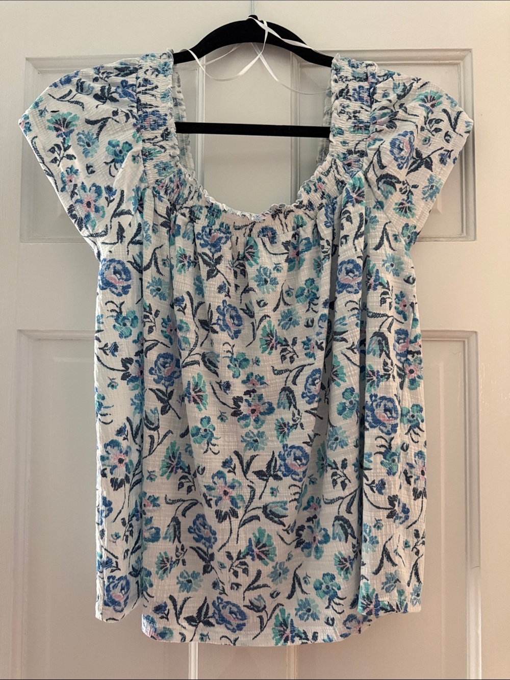 LC Lauren Conrad White Floral Smocked Square-Neck Top